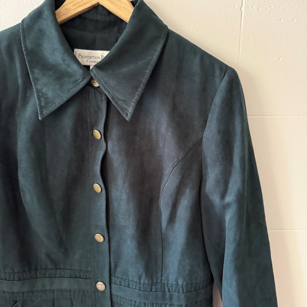 90s | Dark Green Faux Suede Jacket Academia Spring Classic | Size Medium - Picture 2 of 10